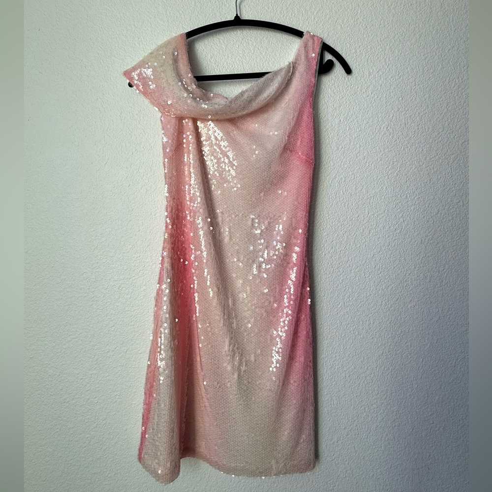 Halston, Lydia draped one shoulder sequin mini dress